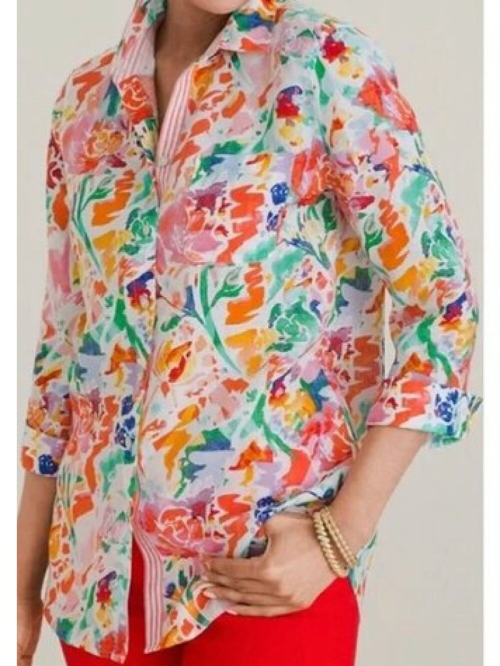 Chico’s Linen Top No Iron 3/4 Sleeve Shirt Size Watercolor Floral Chico's Size 1